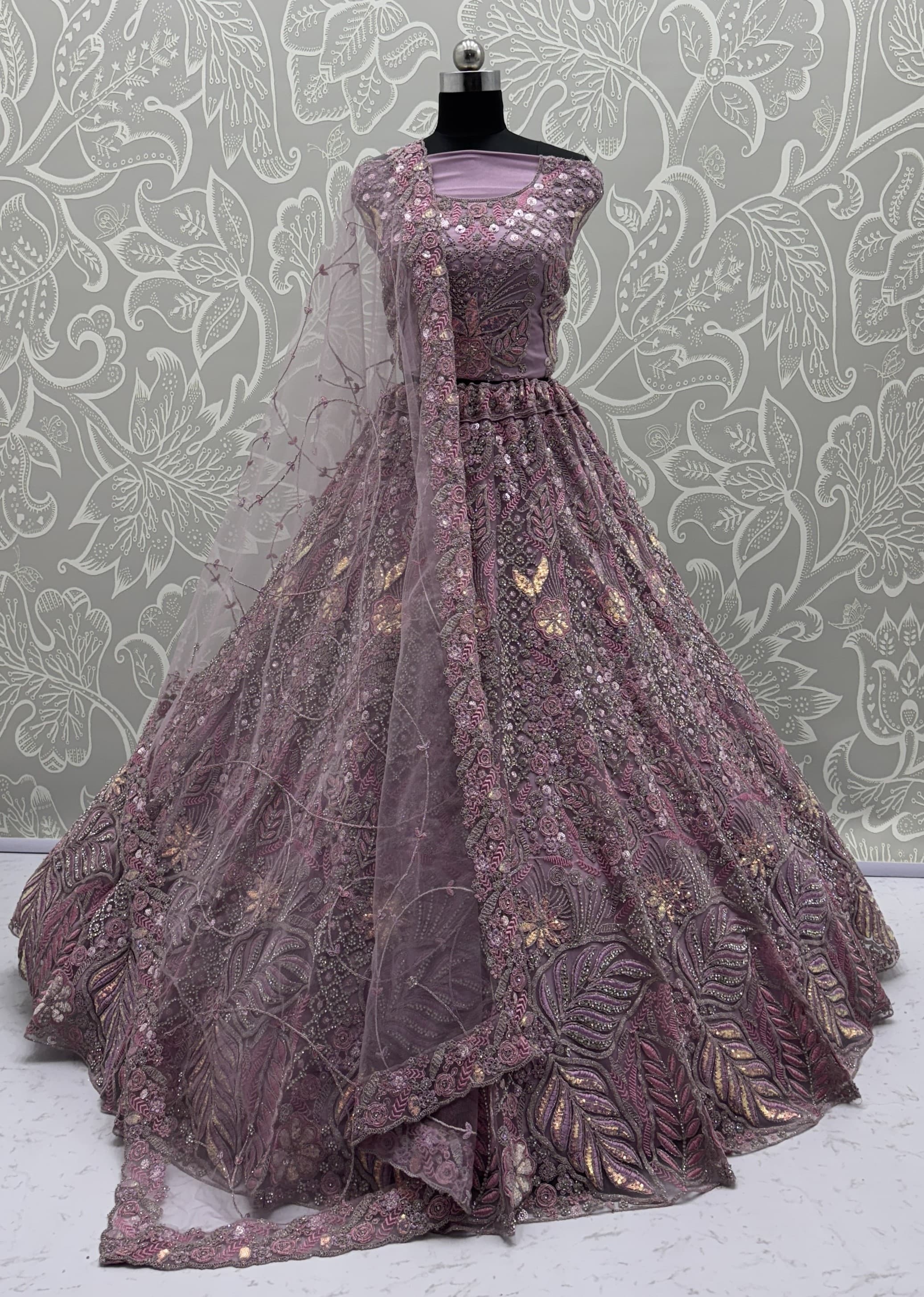 Purple Net A - Line Lehenga Choli with Diamond, Dori, Embroidered, Fancy, Multi, Sequins, Thread and Zircon Work